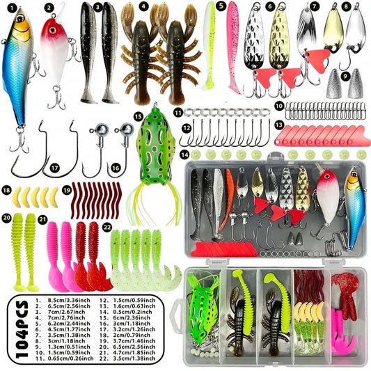 104PCS Fishing Lures Kit Tackle Bait Set with Box Tackle Included Fishing Gear and Equipment, Fishing Hooks, Fishing Tackle Box, Fishing Accessories Kit for Freshwater and Saltwater