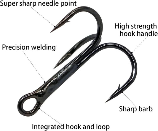 200 Pack Fishing Treble Hooks Kit High Carbon Steel Hooks Strong Sharp round Ben