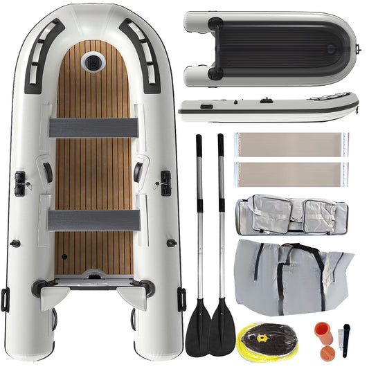 10.5Ft Inflatable Dinghy Boat, 1200 Lbs Capacity, Fishing Rafting Transom Sport Tender, Inflatable Pontoon Boat for Adults, EVA Foam Floor, 2 Aluminum Seats, 6 Handles, 2 Paddle Holders