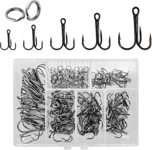 200 Pack Fishing Treble Hooks Kit High Carbon Steel Hooks Strong Sharp round Ben