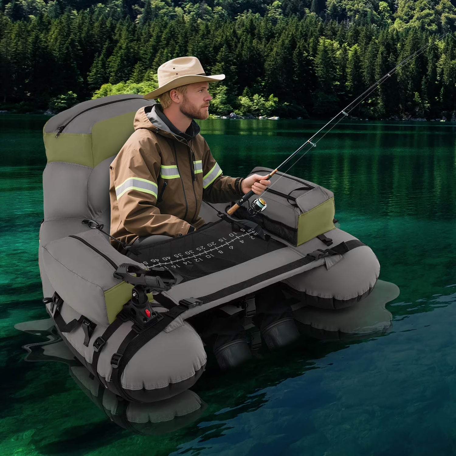 Goplus Inflatable Fishing Boat 350 LBS Fishing Float Tube with Fishing Rod Holder Gray+Green